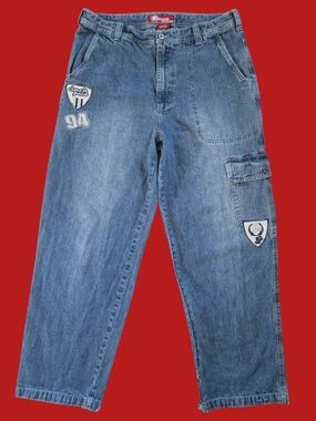 Y2K Clench Jeans baggy cargo denim pants with patch embroidery designs - 36x32
